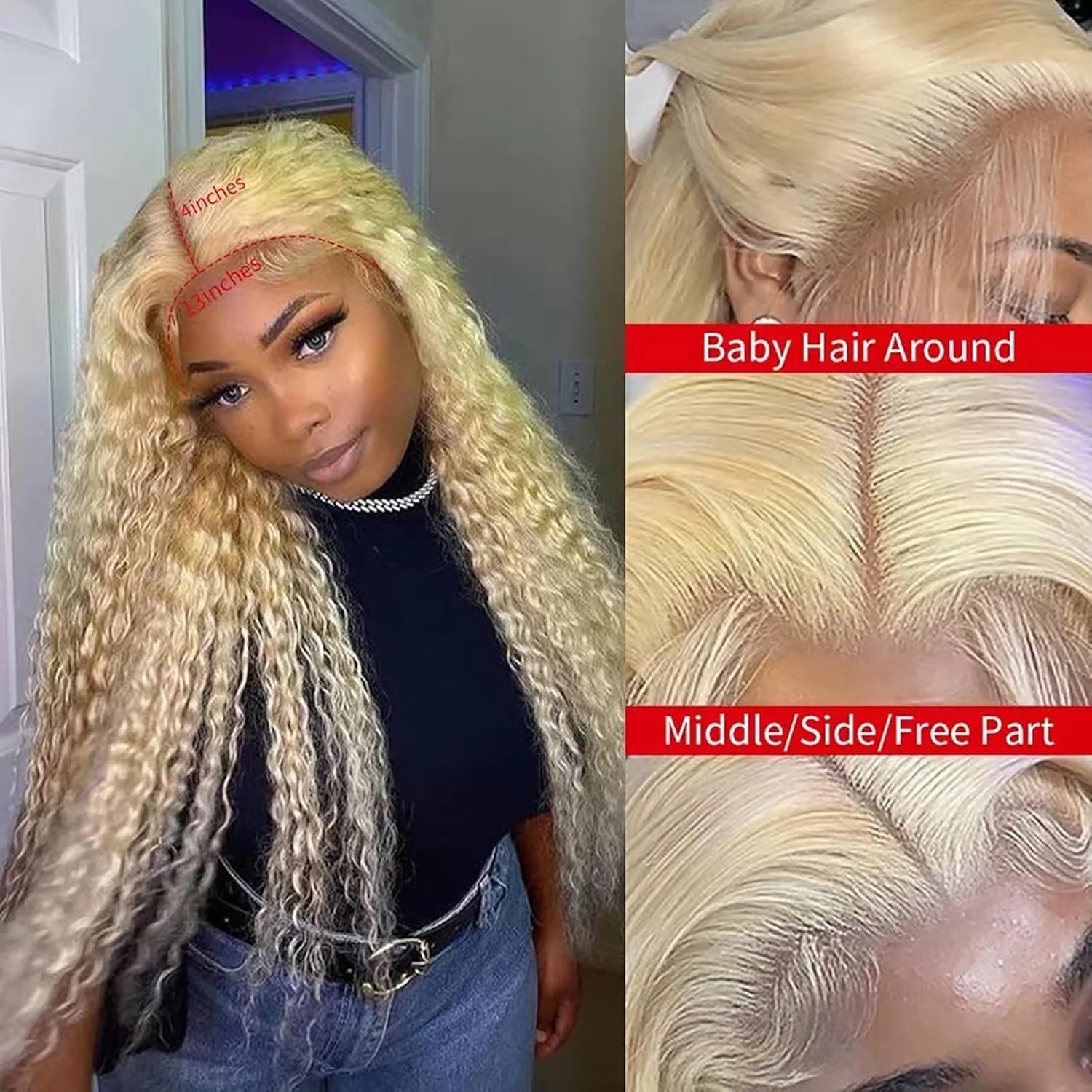 HELLORSO Deep Wave Lace Front Wigs HIgh Density Deep Wave Frontal Wigs HD Lace Curly Wigs for Black Women Pre Plucked with Baby Hair Curly Lace Front Wig Gold
