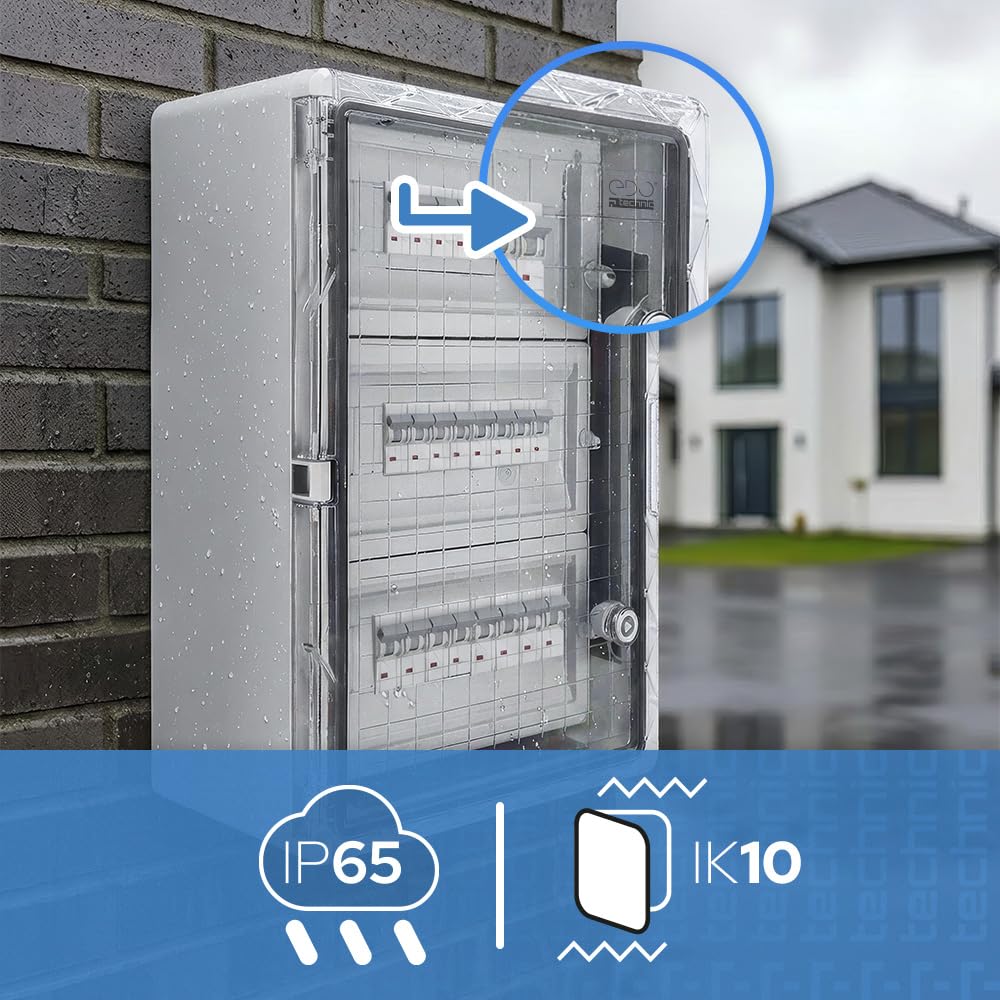 EDO Quadro Elettrico da Parete 350x500x190mm IP65 Con guida DIN TH 14x3 | Scatola di Distribuzione in ABS con Sportello Trasparente e Piastra Zincata-Armadietto per Impianti Elettrici Interno/Esterno