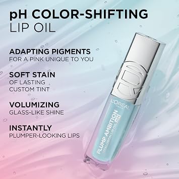 L'Oreal Paris Plump Ambition pH Hyaluron Lip Oil, Color Shifting Lip Tint with 24HR Hydration, Volumizing Shine and Lasting Color, 020 pH Rose