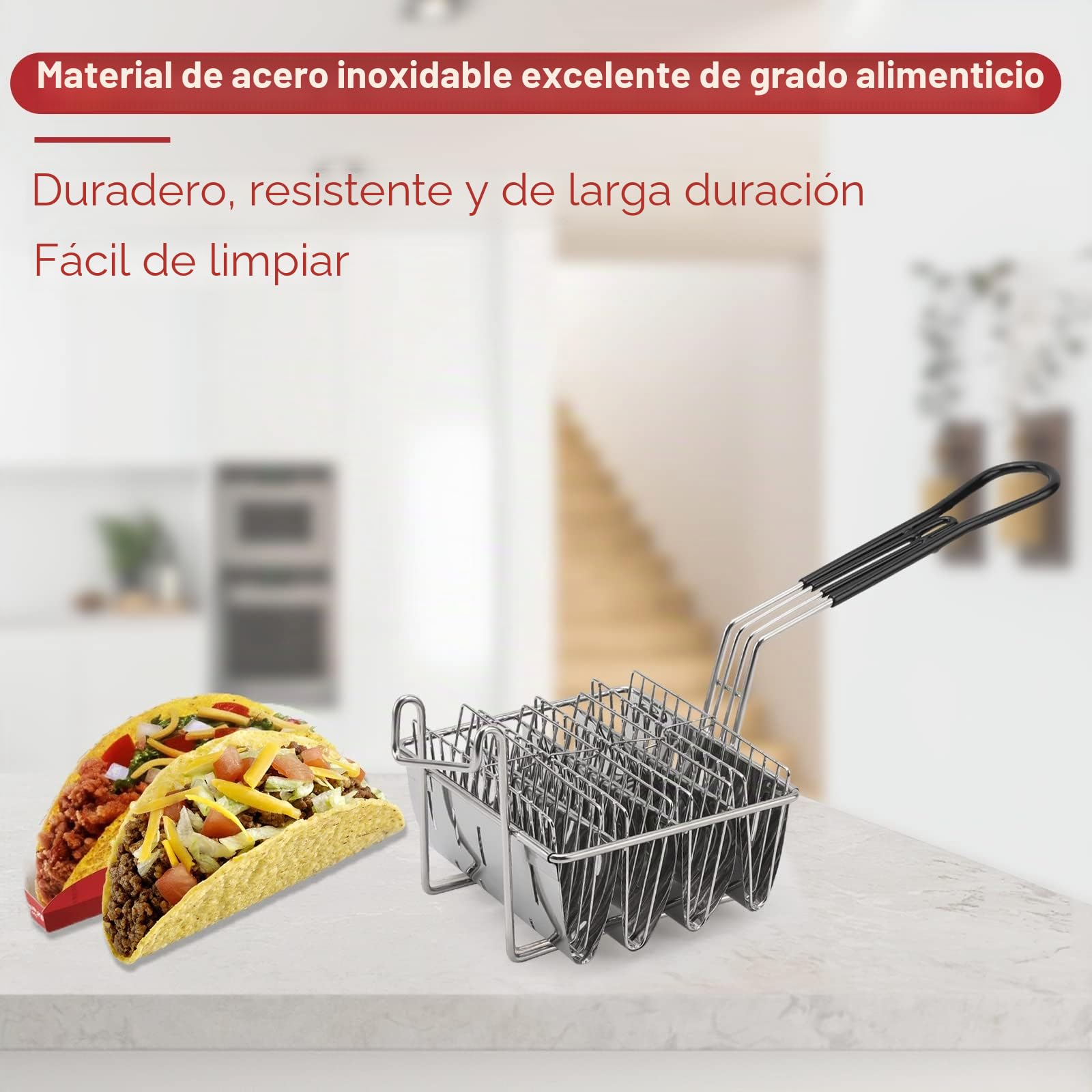 Taco Freidora Cesta de Acero Inoxidable, Soporte para Taco de 4 Tacos con Mango Extraíble | Apto para lavavajillas Taco Schalen Former para tacos perfectos, utensilios de cocina para gastronomía y hogar