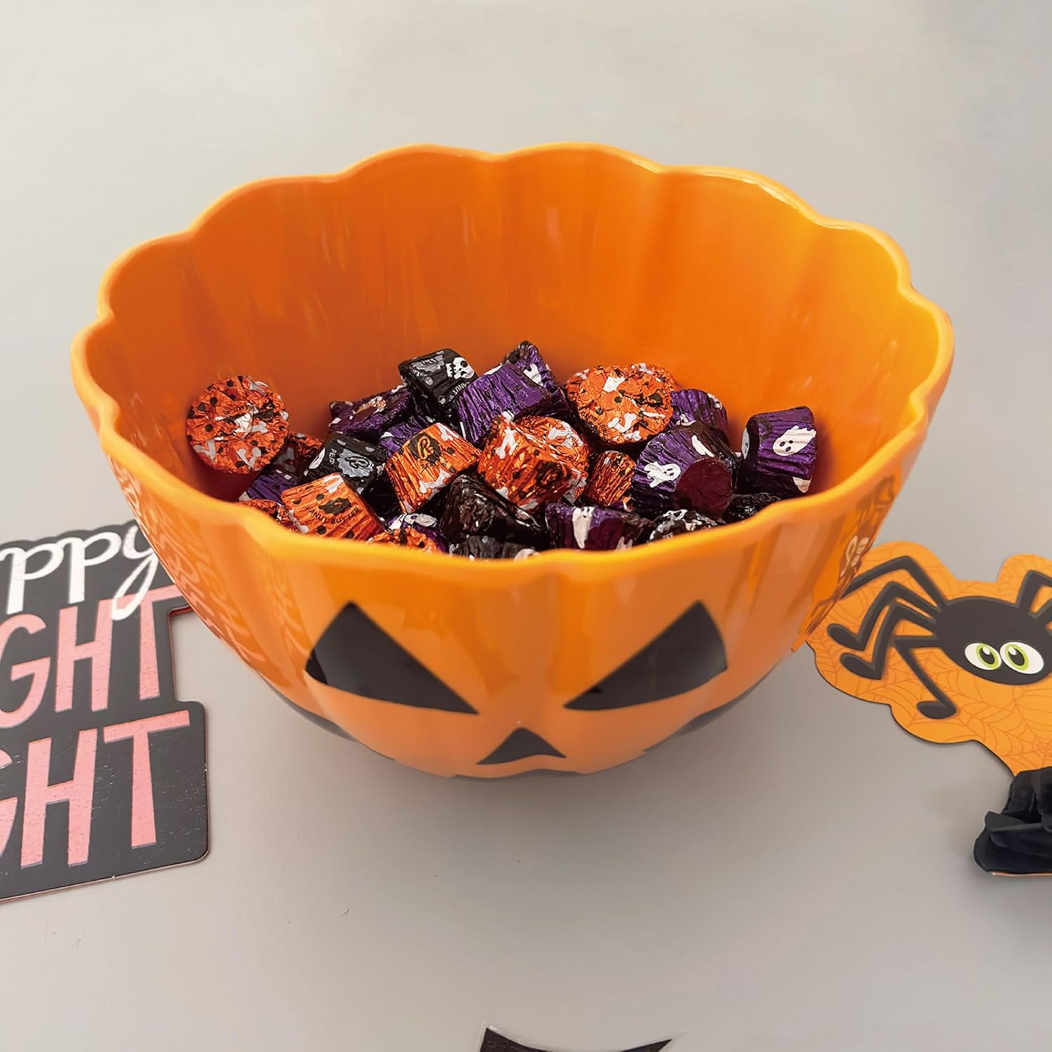 UPware Halloween Pumpkin Melamine Candy Bowl, Mixing Bowl for Charcuterie, Food, Fruit, Salad, and Snack, BPA-Free, Dishwasher Safe, Shatter-Proof, Orange, 9 Inch