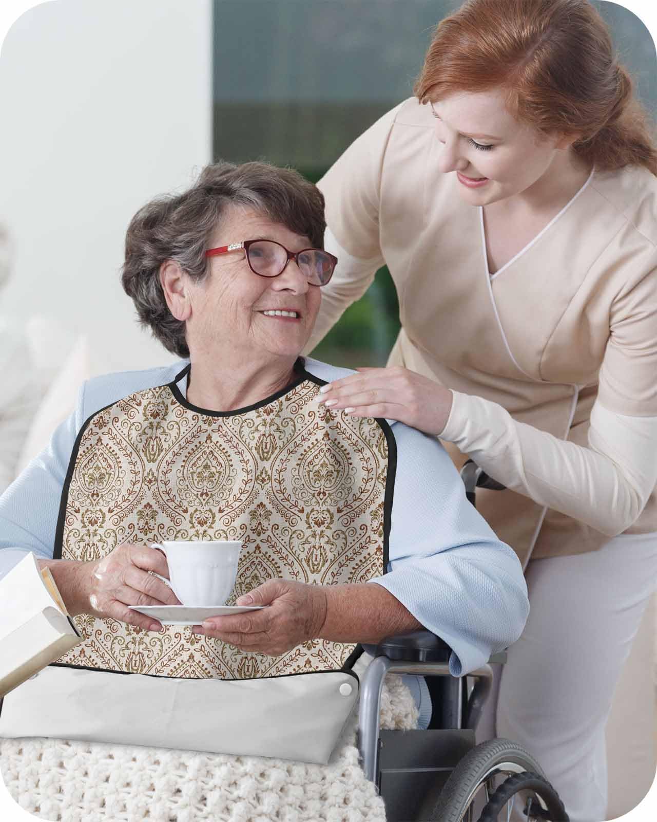 European Floral Adult Bib for Eating with Crumb Catcher,Washable & Waterproof Terry Cloth Adjustable Elderly Women Men Adult Bibs Apron Reusable Clothing Protector Vintage Style Antique Bohemia Beige