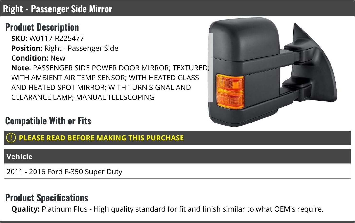 Right Passenger Side Power Mirror - Textured Black - Manual Telescopic - with Heated Glass, Turn Signal, Clearance Lamp, and Ambient Air Temp Sensor