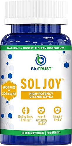 BioTrust Sol Joy - Vitamina D3 de alta potencia con vitamina K2-60 cápsulas blandas