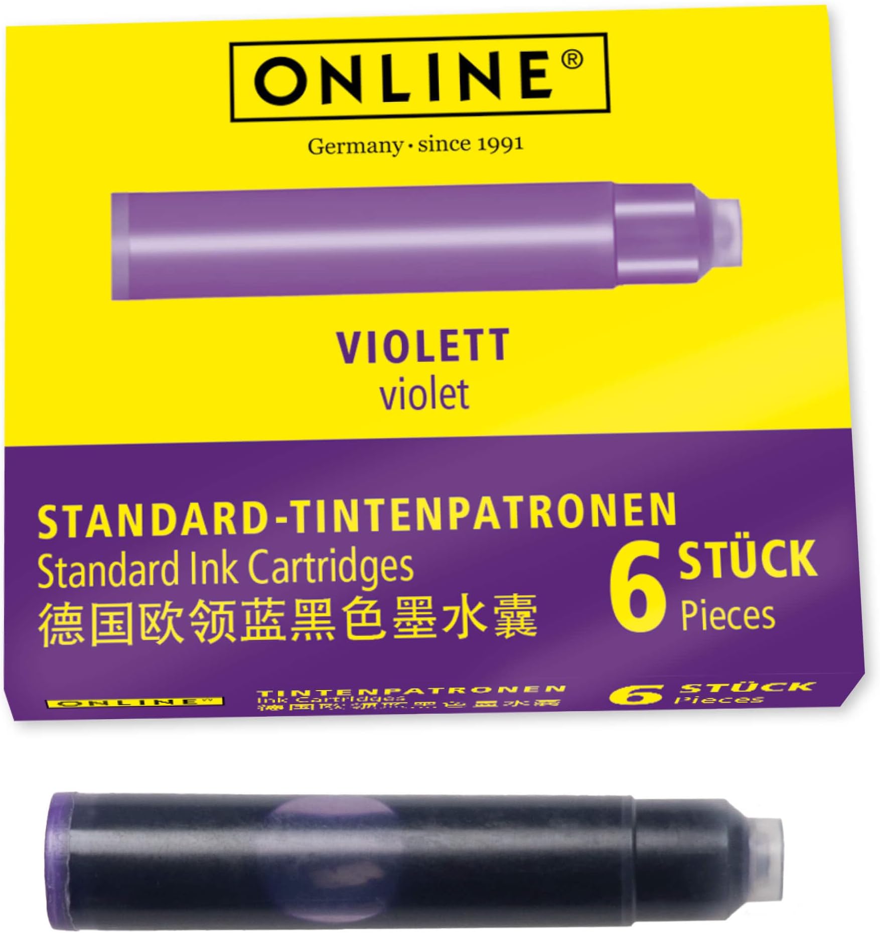 ONLINE Standard Ink Cartridges, Universal Ink, Compatible with Common Pens, Replacement Cartridges for Fountain Pens and Rollerballs, 6 Pieces, Purple Ink