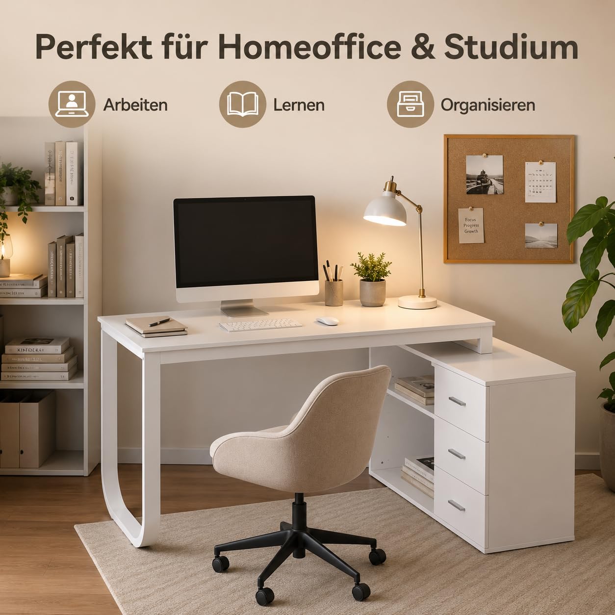 Schreibtisch Weiß mit 3 Schubladen und Regal, Computertisch mit Stauraum, Arbeitstisch für Homeoffice, Jugendzimmer und Büro, 140 x 105 x 75 cm