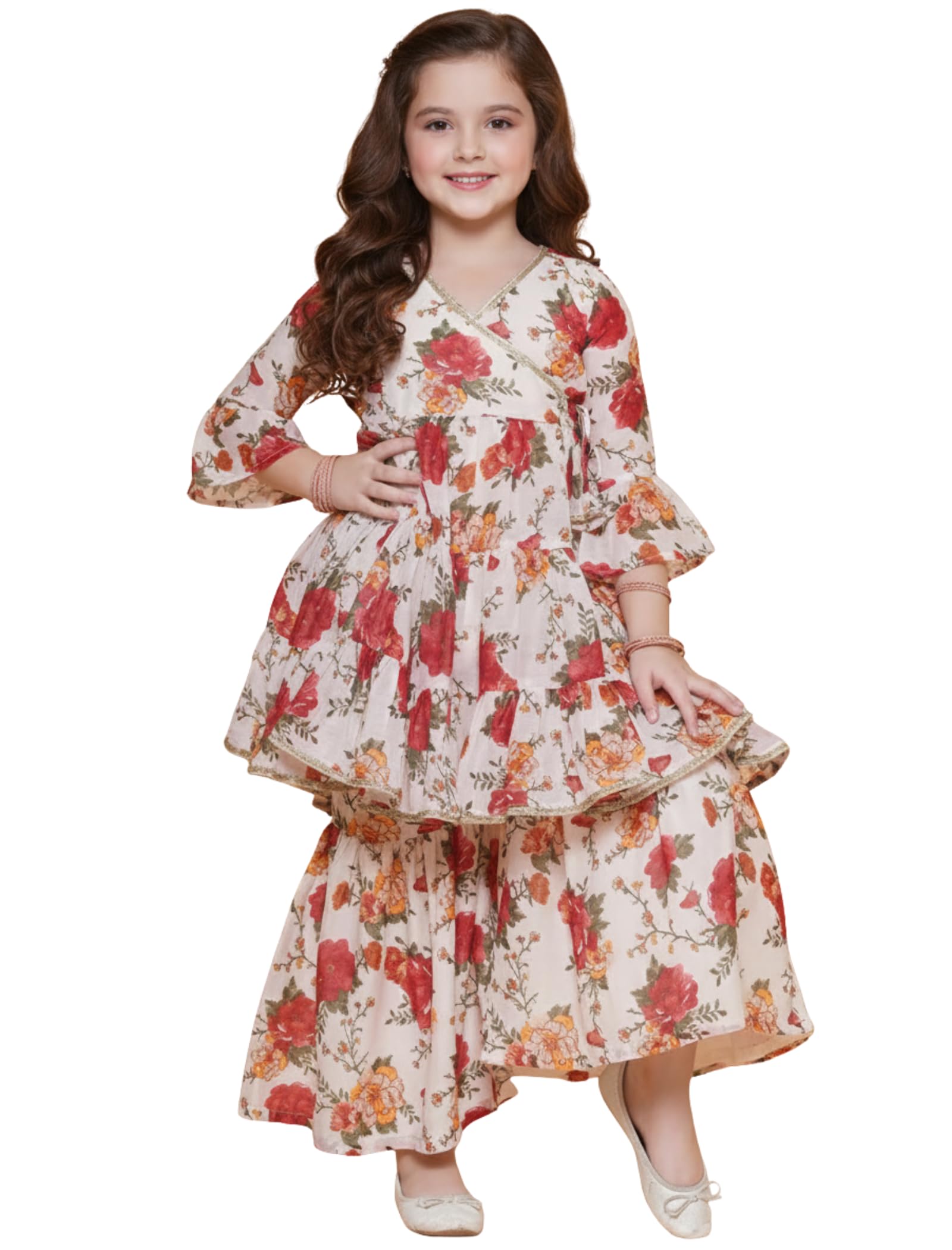 Naixa Girl's Rayon Floral Pattern Kurta Sharara Set with 3/4 Sleeve V- Neck Knee Length and Elastic Closure Type| Kurta Sharara Set for Girl's