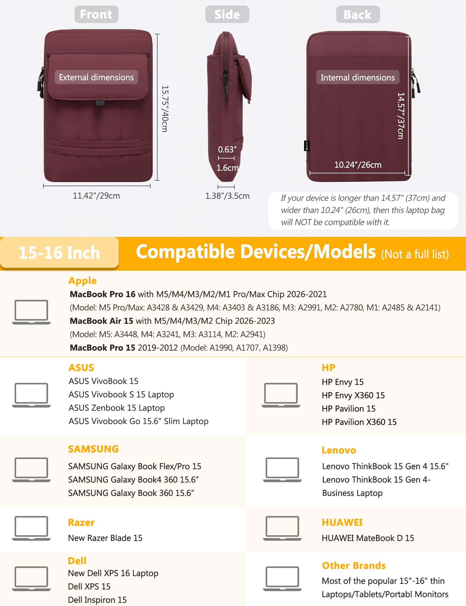HYZUO 15-16 Pulgadas Funda Acolchada para Portátil para MacBook Pro 15/16, 15" 15,6" DELL/HP/Lenovo/ASUS/Acer/Samsung, Bolsos Hombro Delgados Mujer, Bolso Trabajo Diario, Vino Rojo