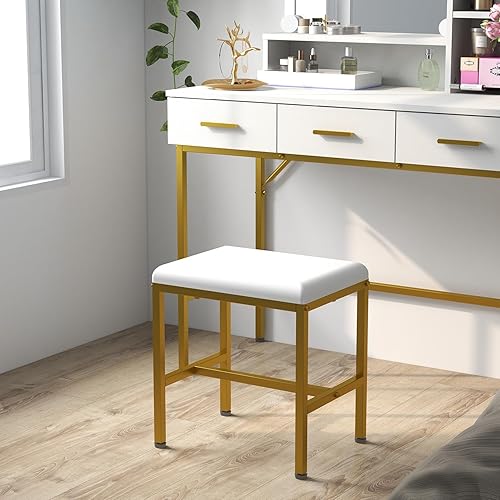 Miniatura 5 de Mesa de tocador con espejo iluminado, 3 cajones, escritorio de maquillaje con mucho almacenamiento, juego de tocador con taburete acolchado más