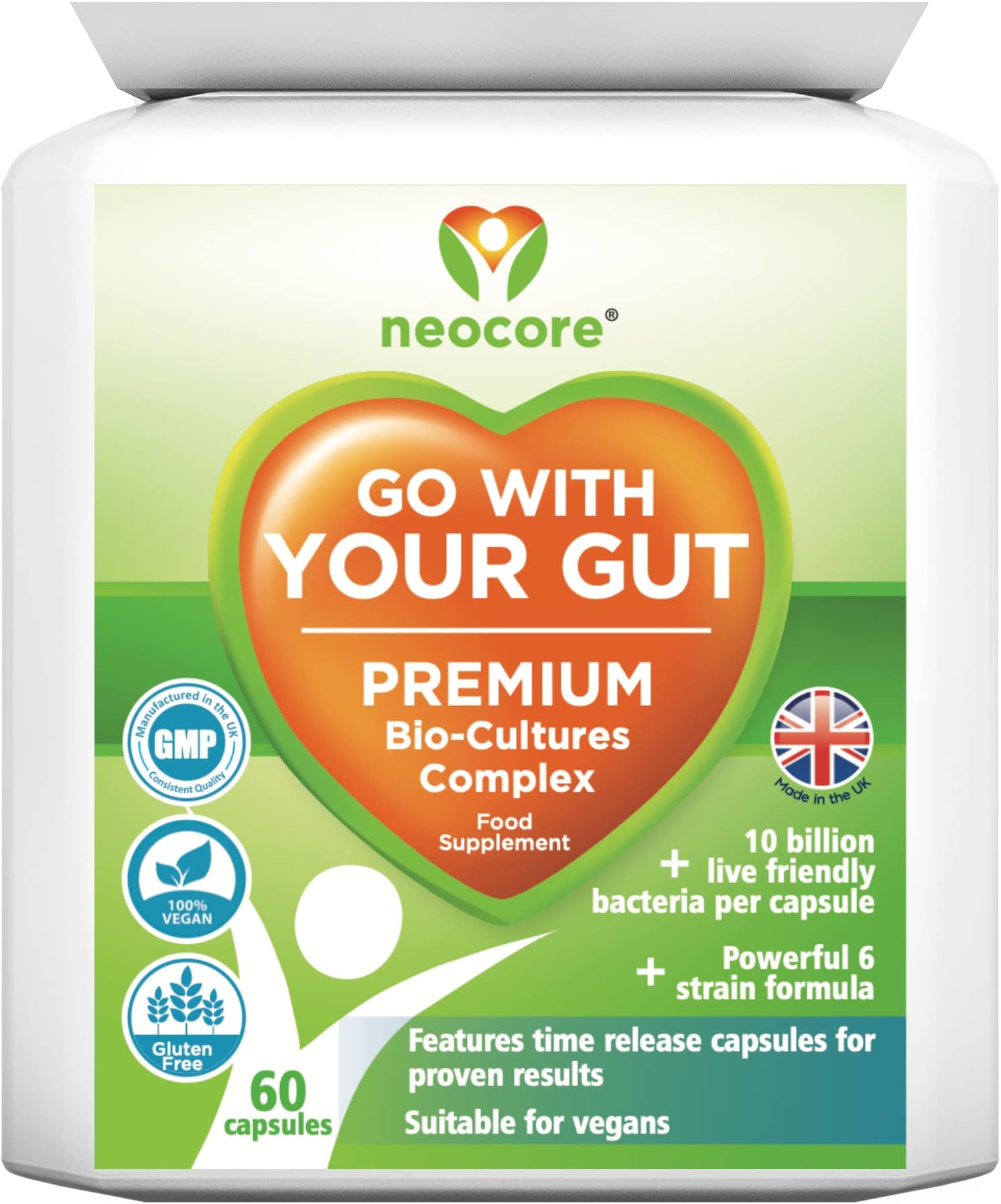 Vegan Probiotics for Adults by Neocore, 20 Billion Daily Dose, 60 Capsules. 6 Live Strains with A Prebiotic. Provides Bloating Relief and Gut Health Support. UK Made.