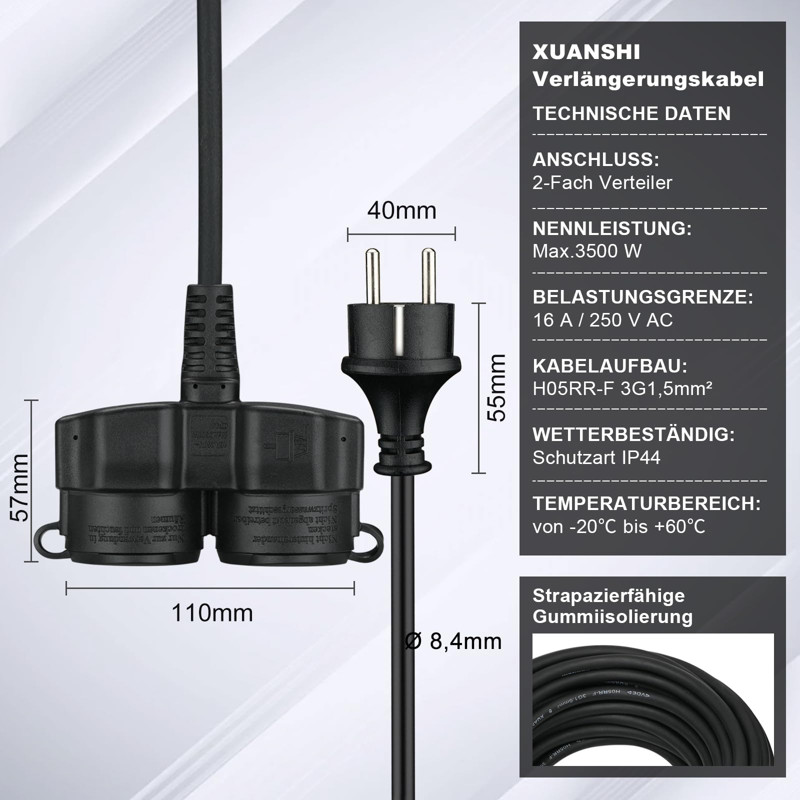 XUANSHI Cable alargador exterior 15 m con 2 enchufes Schuko, doble extensión de goma, cable de alimentación para exteriores IP44, 2 tomas de contacto con protección con tapa protectora, distribuidor