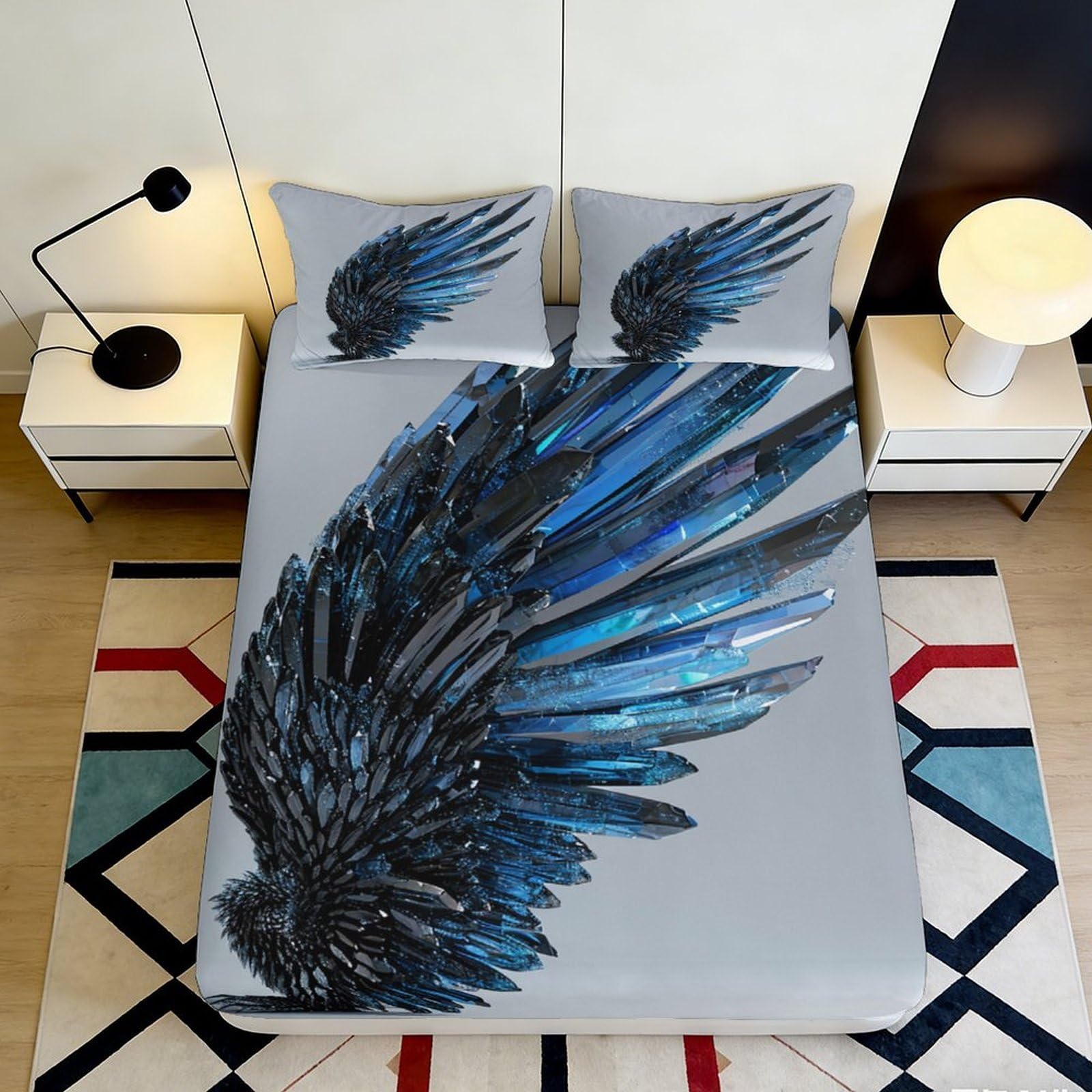 3D Printed Blue Crystal Wings Fitted Sheet Microfiber Soft Durable Black Feather Bed Cover for Bedroom Dormitory Guest Room Mattress Protection 200x200x25cm
