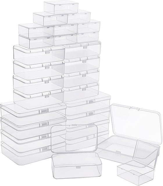 BELLE VOUS Clear Plastic Storage Box Containers with Hinged Lid (28 Pack) - Small, Medium & Large Size Boxes - Stackable Mini tubs for Pills, Beads, Jewellery & DIY Craft Items