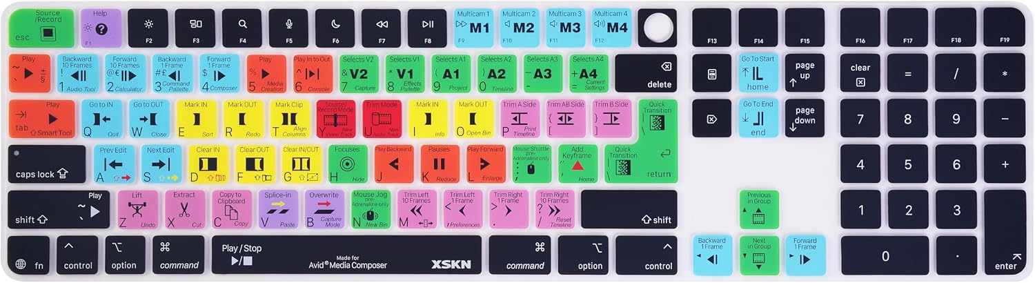 XSKN Avid Media Composer Shortcuts Keyboard Cover Skin Fits for Apple 2024 iMac M4 Chip Magic Keyboard with Touch ID and Numeric Keypad A3119