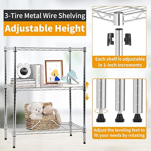 Miniatura 4 de Estantería de alambre ajustable de 3 niveles, estantes de metal con patas niveladoras, estante de almacenamiento para armario, cocina, baño, estante