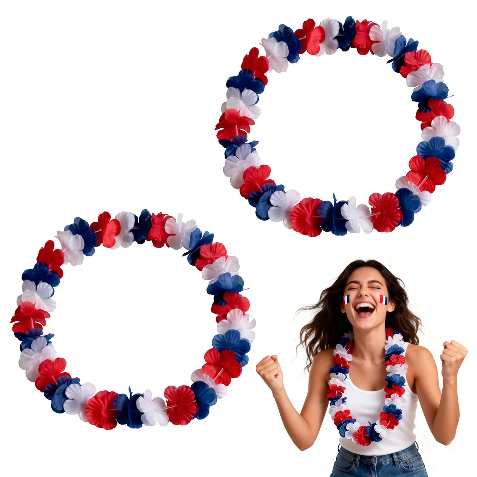 2 Pièces Supporter Equipe de France, Colliers de Fleurs Bleu Blanc Rouge, Kit Supporter France, Accessoires Couleur Tricolore Collier Hawaï Supporters pour Coupe du Monde 2026 Euro, Football Déco Fête