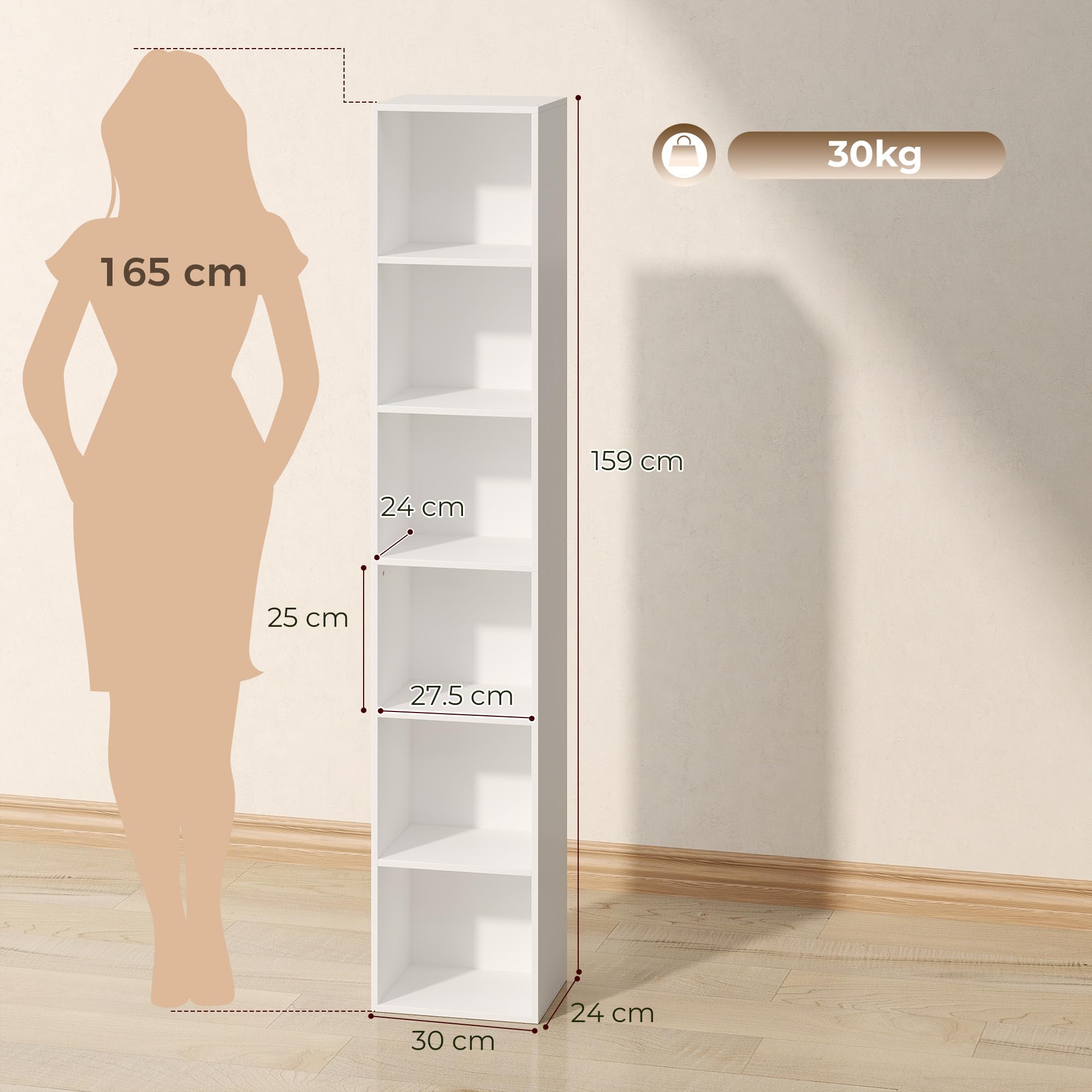 HOMCOM Libreria Scaffale a 6 Ripiani Salvaspazio 30x24x159 cm Bianco | Libreria Verticale, Scaffale Portaoggetti, per Soggiorno Camera da Letto Ufficio Studio