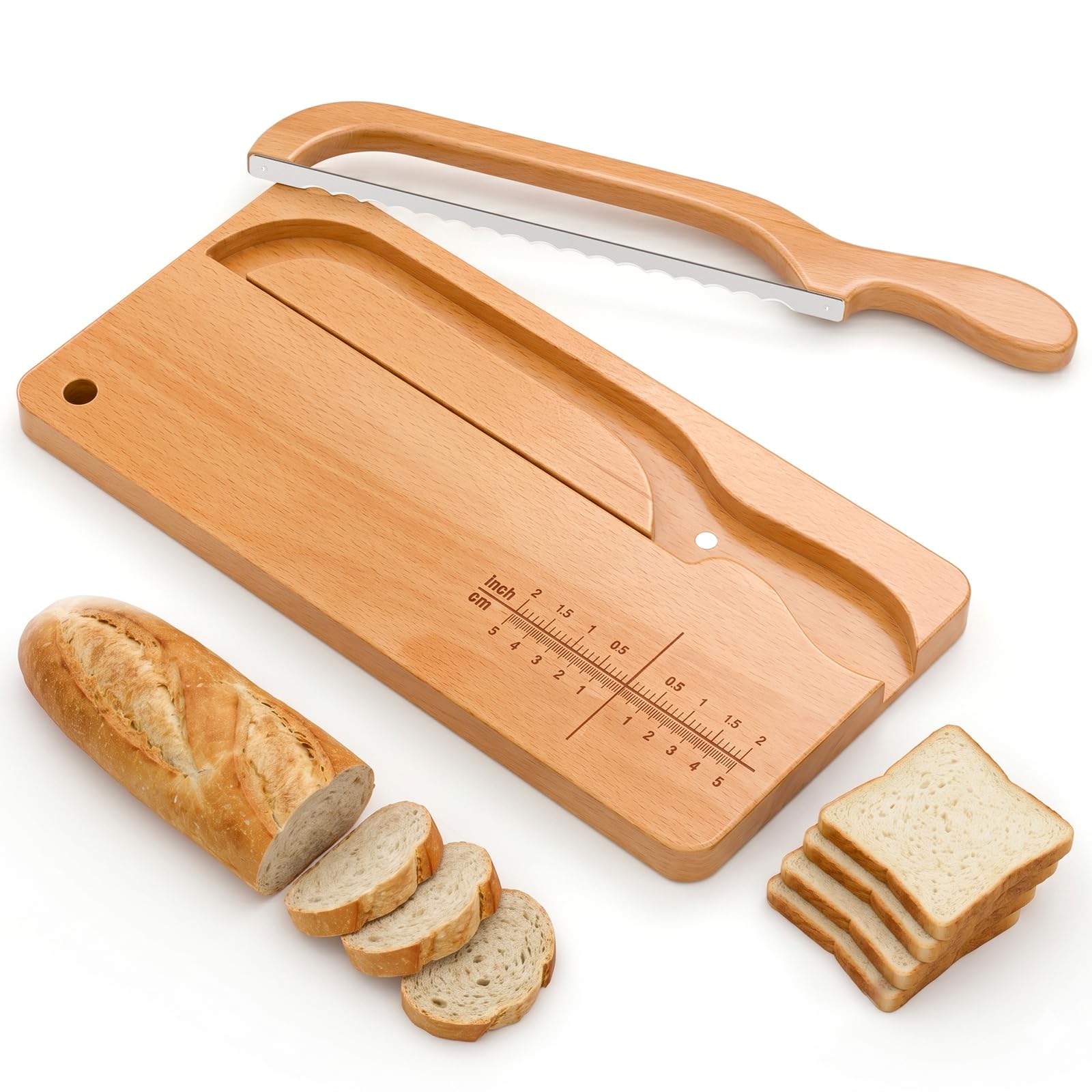NAUQUOHZ Upgraded Bread Knife and Board Set, Adjustable Thickness Bread Slicer for Homemade & Sourdough with Scale Line Serrated Stainless Steel Blade, Magnetic Storage Perfect for Artisan Bakers