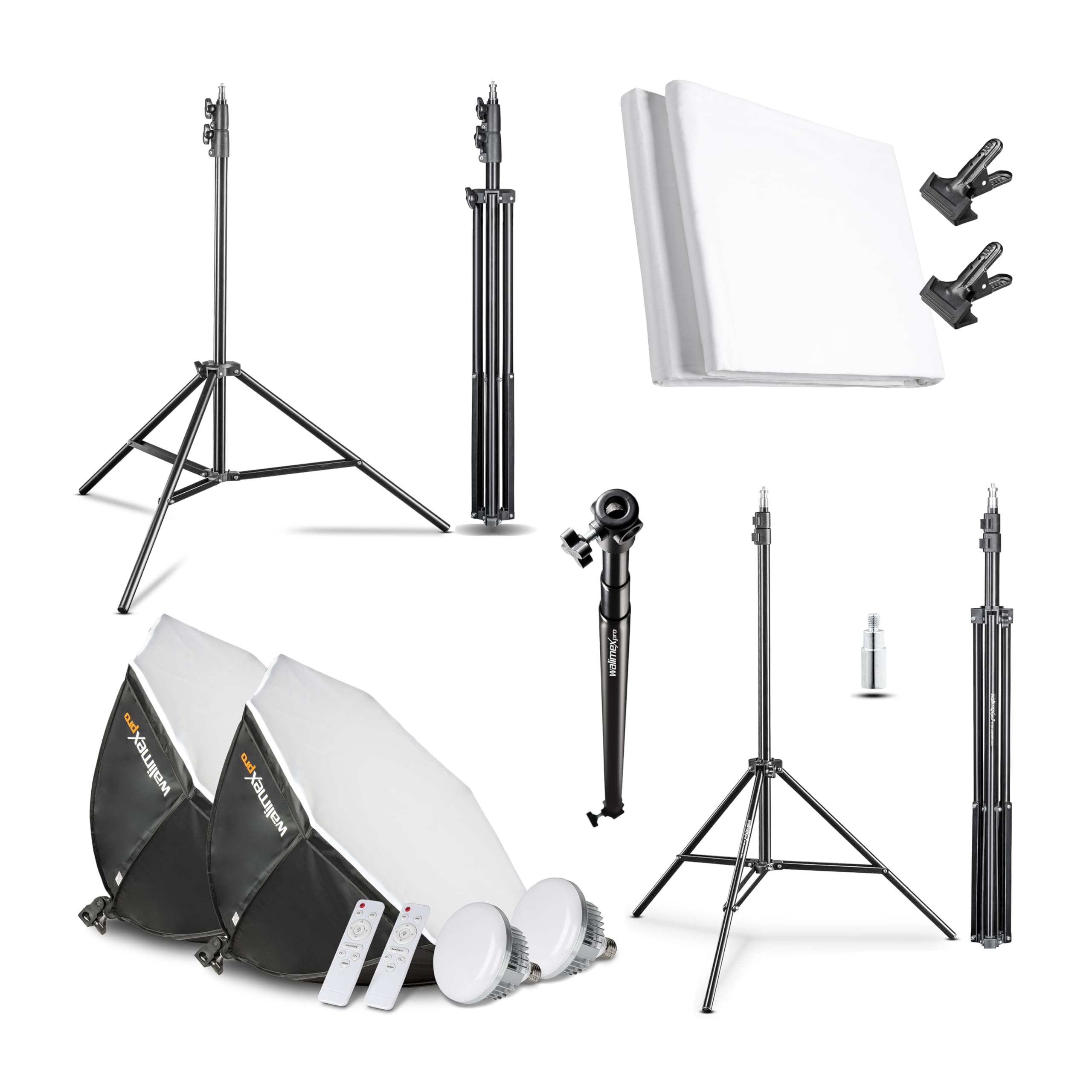 Walimex Pro Premium Fotostudio Set inkl. 2X Lampenstativ mit 2X LED 45W Octagon Ø65cm Bi Color und komplettem Teleskop Hintergrundsystem 120-307 cm mit Stoffhintergrund weiß