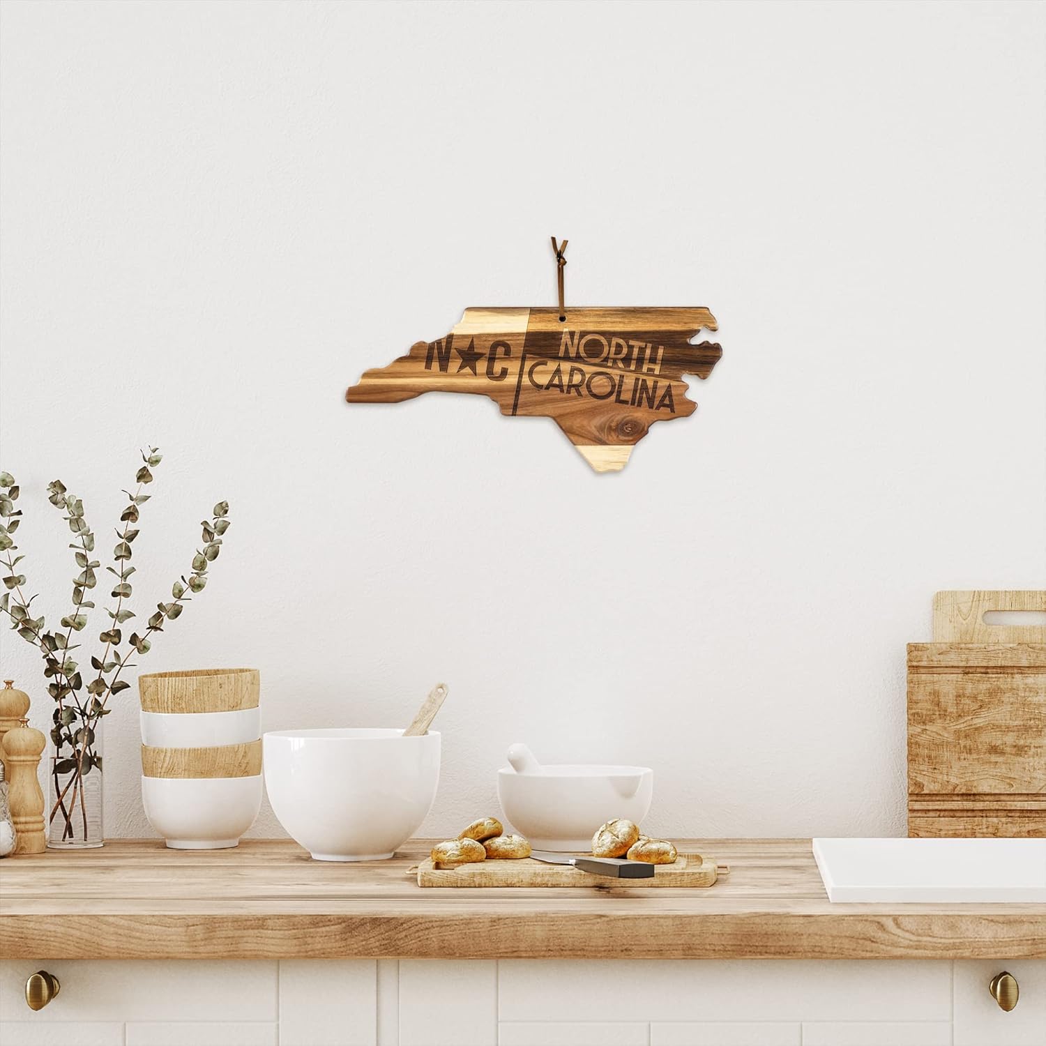 Totally Bamboo Rock & Branch Origins Series North Carolina State Shaped Cutting Board and Charcuterie Serving Tray, Includes Hang Tie for Wall Display 18" x 8" x 0.6" - Image 3