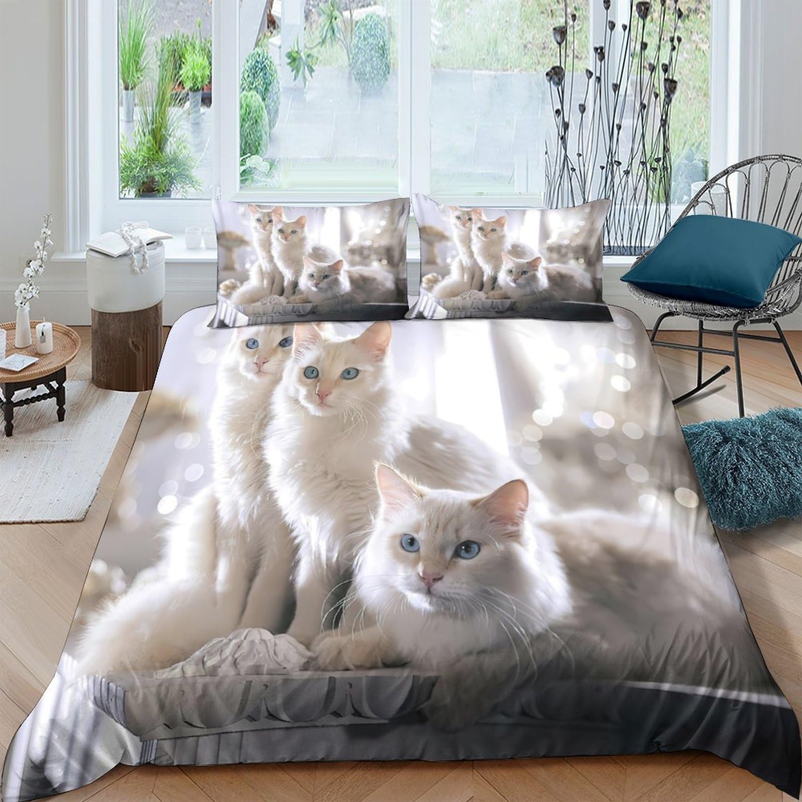 Ctjqhvkz Style-1 3D Printed White Cat Fitted Sheet Microfiber Soft Bedroom Decor Fluffy Kitten Mattress Cover For Home Guest Room Single（135X200cm）