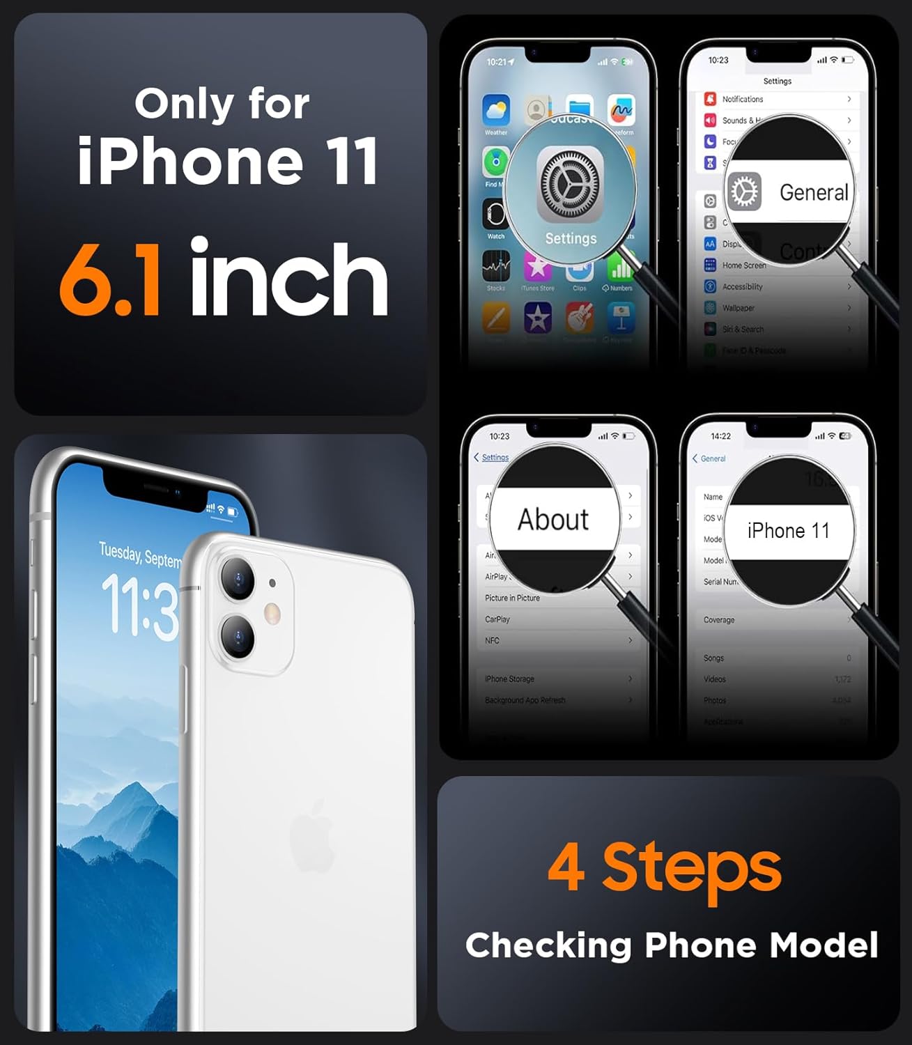 SPIDERCASE Designed for iPhone 11 Phone Case, Magnetic Translucent with 2PCS Tempered Glass Screen Protector Anti-Fingerprint Phone Case for iPhone 11 6.1'',Black Black iPhone 11 6.1‘’