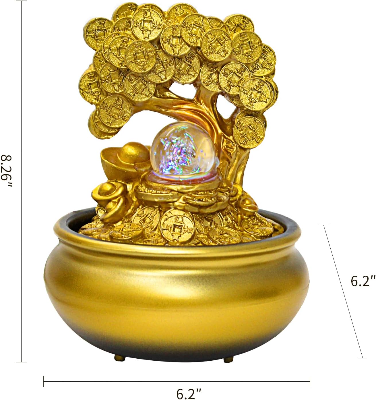 Gold Money Tree Feng Shui Desktop Water Fountain Waterfall Decoration with LED Light Portable Tabletop Decorative Zen Meditation Waterfall for Office Living Room Craft