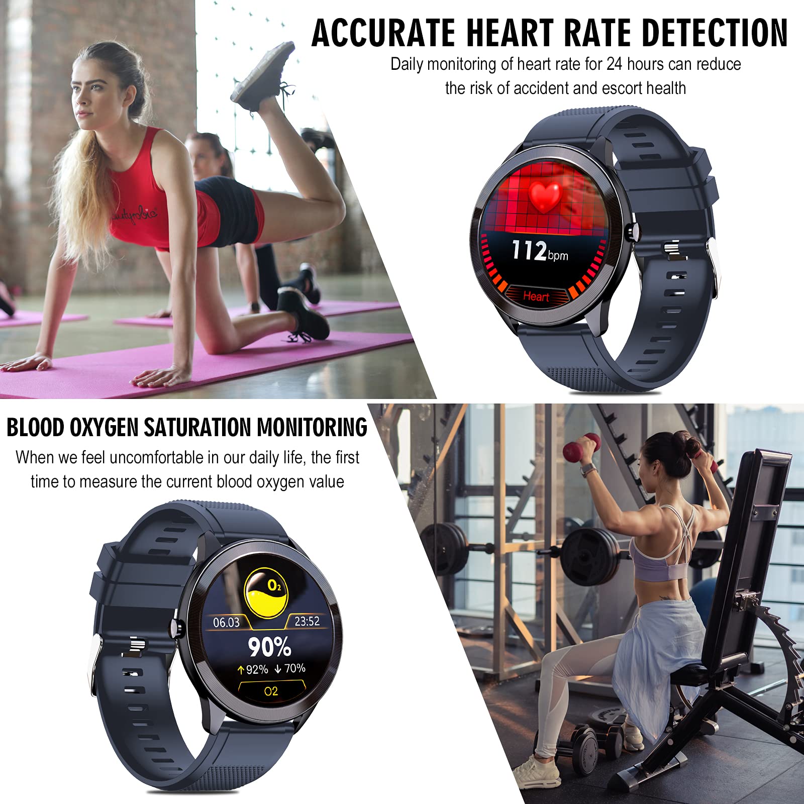 Reloj inteligente, 1.28''HD Fitness Tracker con pantalla táctil Monitor de ritmo cardíaco Cámara Control de música, reloj deportivo Bluetooth para mujeres y hombres, IP68 impermeable SmartWatch