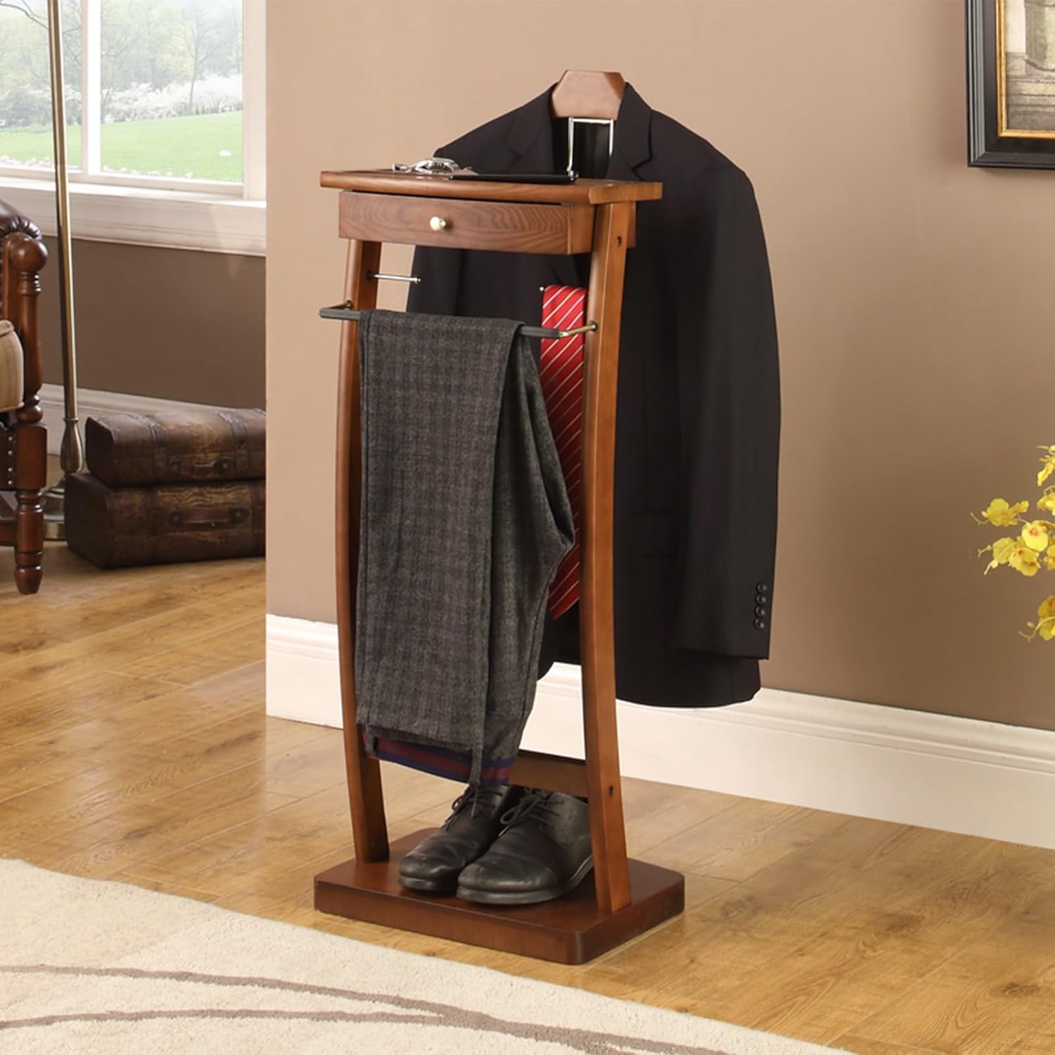 Wooden Valet Stand with Drawer & Top Tray, Stylish Clothes Butler for Entryway, Office & Living Room, Suit Rack Organizer with Contour Hanger, Elegant Storage Solution