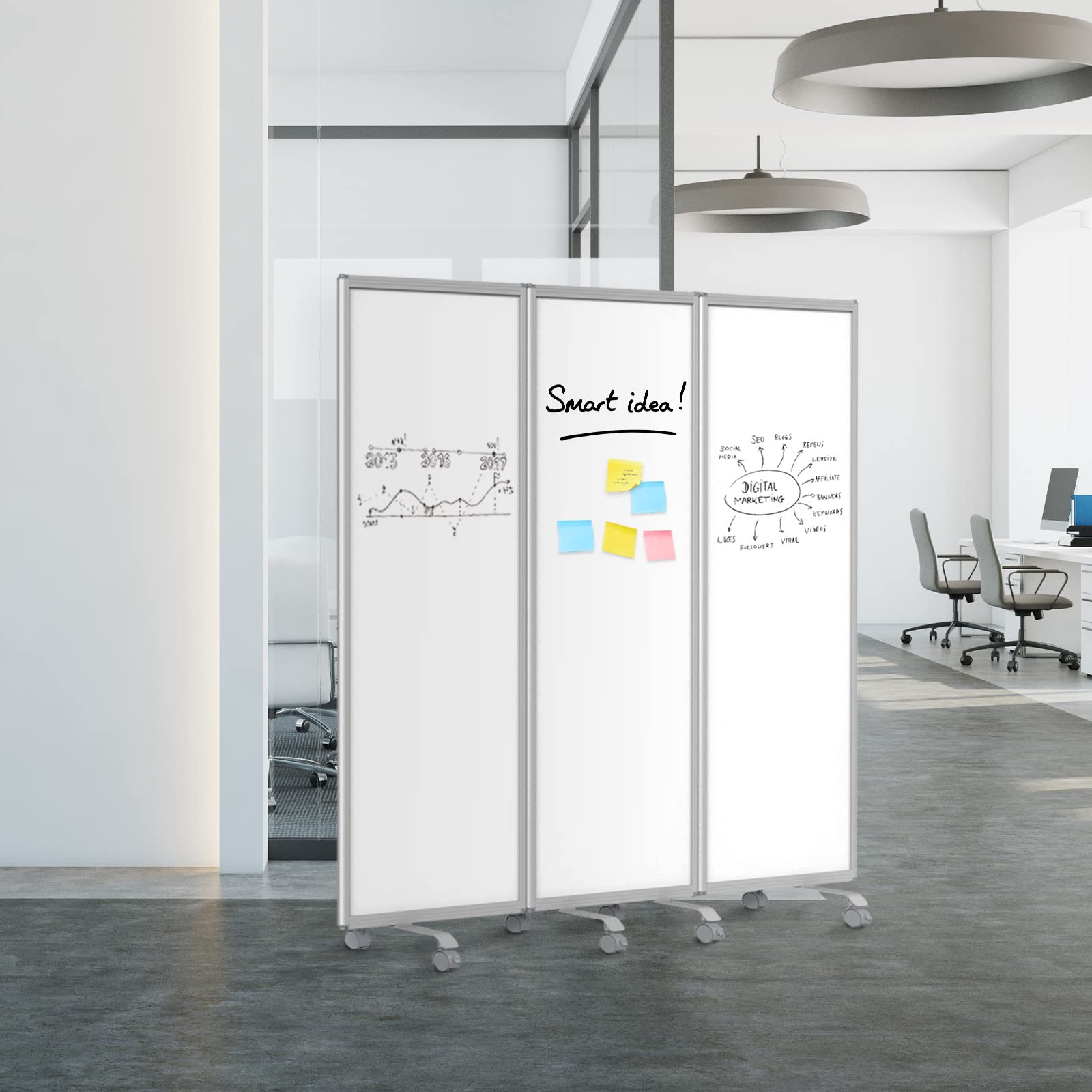 MoB Mobile Trennwand Raumteiler für Büro, Arbeitsplatz Innen faltbare & flexible Präsentationsboard mit beschreibbarer Oberfläche - Whiteboard mit Alurahmen - Magnetboard (Whiteboard, 180 x 180 cm)