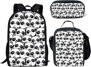 Cartoon Panda Kids Backpack with Lunch Box School 3 Piece Backpack Set for Children with Lunch Box Pen Holder Case, Boys Girls Lightweight Bookbag, 17 Inch Large Backpack for School Hiking Picnic
