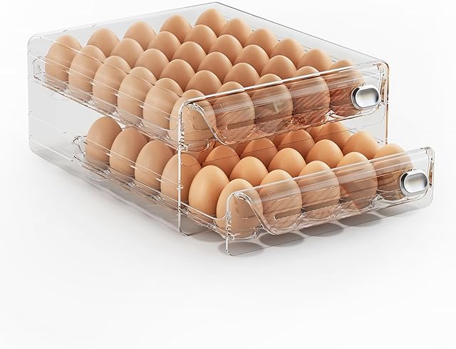 60 Grids Egg Container for Refrigerator, Egg Holder for Fridge, Stackable Egg Storage Container for Refrigerator, Egg Fresh Storage Box for Fridge, 2Layers Egg Tray, Clear Egg Organizer, BPA Free