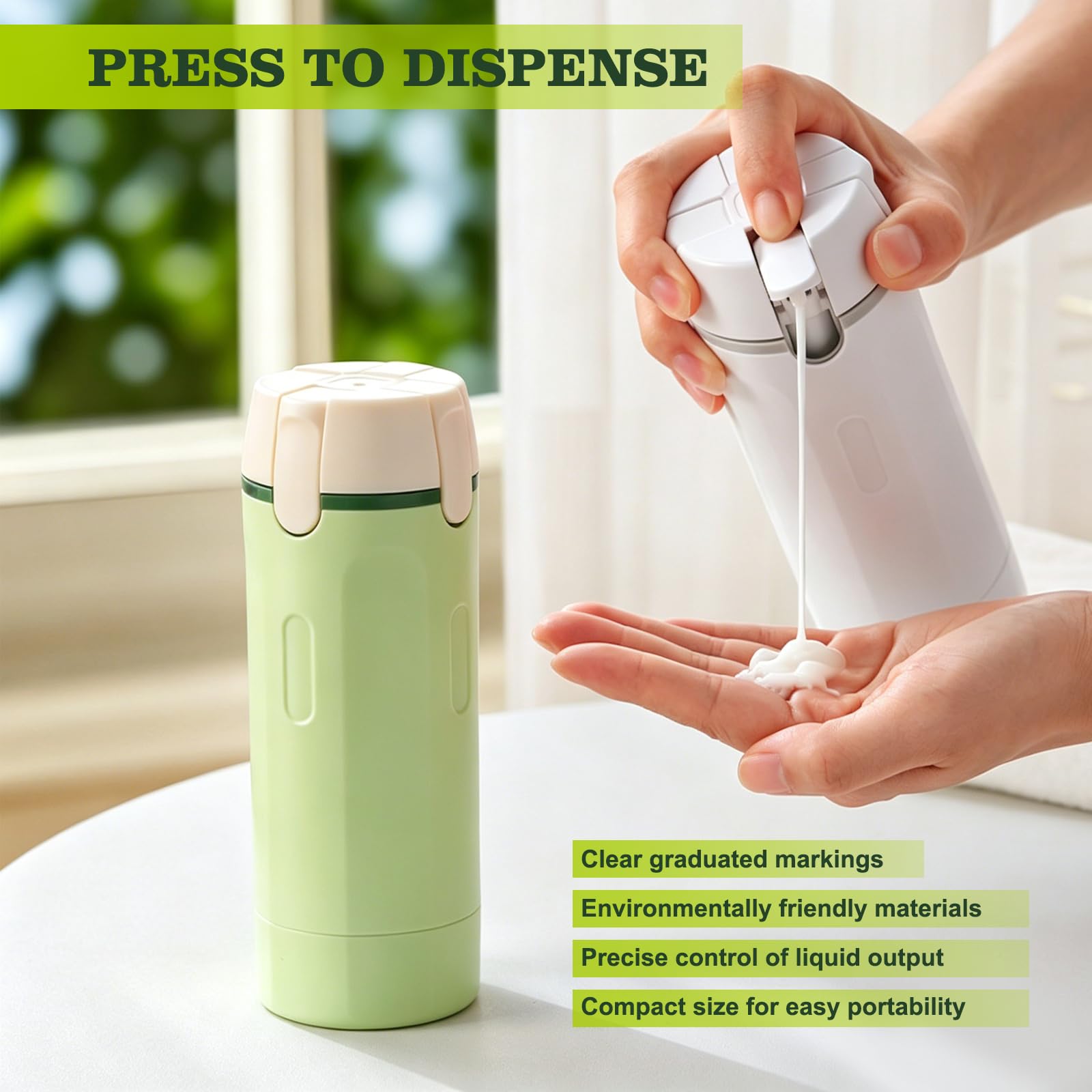 Bouteilles de voyage 4 en 1 à remplir, portable, transparent, avec échelle de mesure et étiquettes, bouteilles de voyage à remplir pour shampooing, après-shampooing, lotion et gel douche (vert)