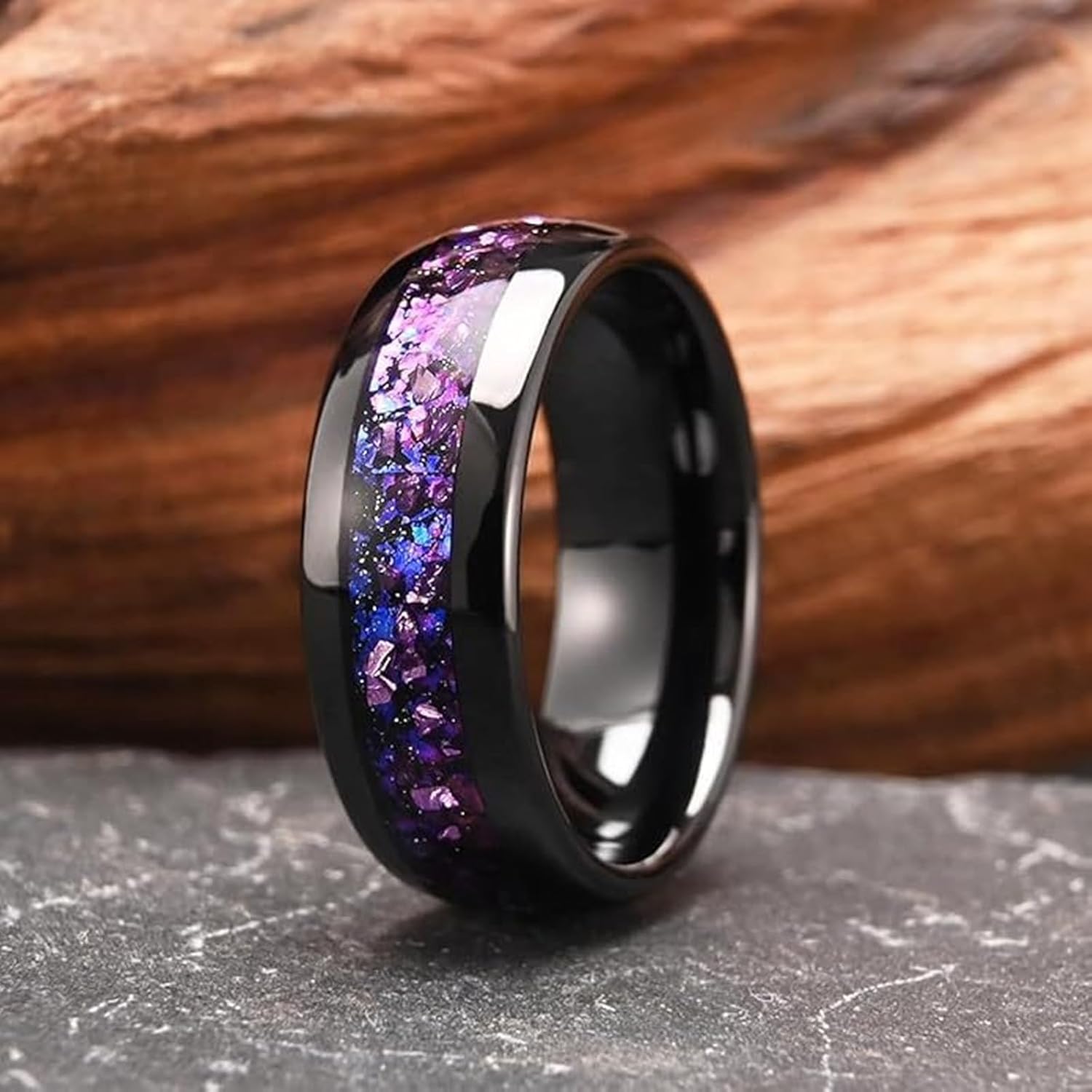 Men Wedding Rings Tungsten 8mm Black Purple Crystal Inlay Comfort Fit Engagement Ring Bands Size 5-15