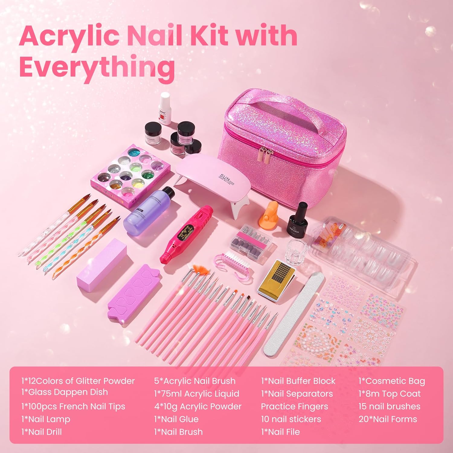 Nail Kit for Beginners with Everything: Professional Nails Kit Acrylic Set with Practice Finger Drill U V Light Acrylic Powder Liquid Decorations in Makeup Bag for Women Salon (Bling Pink)