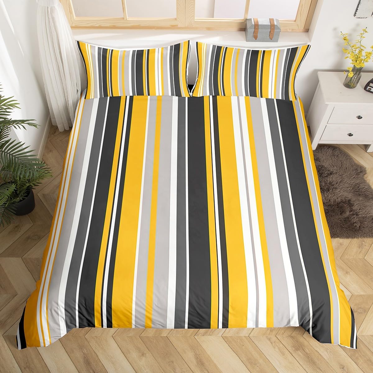 Castle Fairy Simple Stripes Bedding Set,Yellow and Gray Comforter Cover Set for Teens Women Room Decor,Chic Fashion Lines Duvet Cover Breathable Modern Stripes Bedspread Cover Full Size(No Comforter)