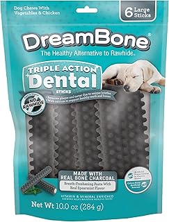Dreambone Triple Action Dental Sticks Charcoal, 6 Count, Rawhide-Free Chews for Large and XL Sized Dogs Freshens Breath