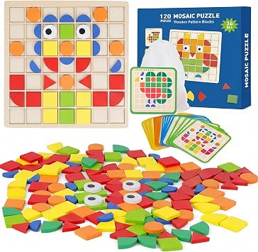 Wooden Pattern Blocks Set 120 Pcs Geometric Shapes Puzzle Classic Montessori Educational Tangram Toys with 24 Design Cards for 4-8 Year Old Kids