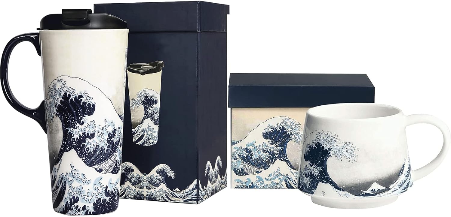 Ceramic Mug Travel Coffee Wave Cup with Lid and Handle for Home & Office, Porcelain Tall Tea Art Cup with Color Box, Wave Mugs Set of 2