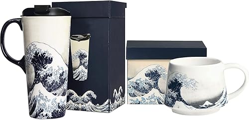 Miniatura 9 de Taza de viaje de café de cerámica de 17 onzas con asa y tapa deslizante resistente a las salpicaduras, taza de arte de porcelana de gran capacidad