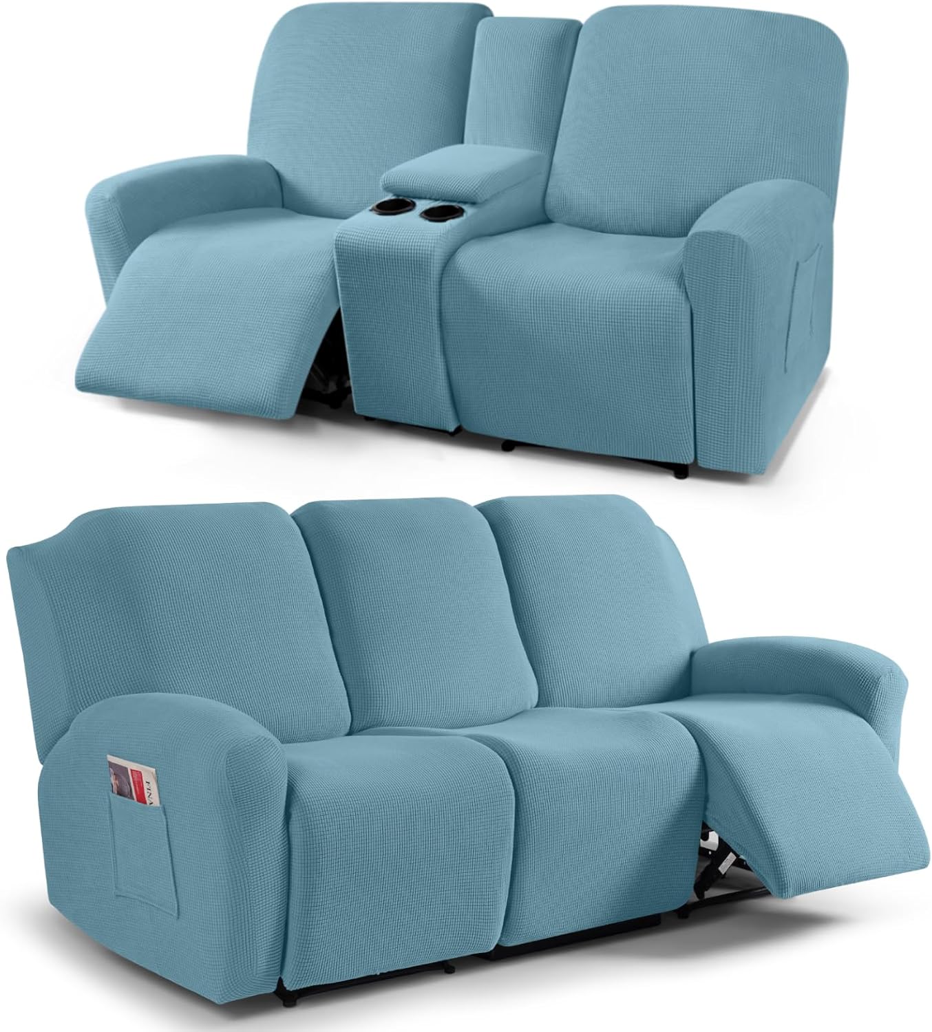 TAOCOCO Recliner Loveseat Cover with Middle Console & Recliner Sofa Covers for 3 Seat, Dusty Blue