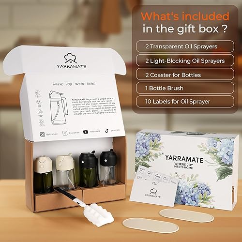 Miniatura 2 de YARRAMATE Juego de 4 rociadores de aceite de oliva de vidrio de 16 oz15.9 fl oz con calcomanías, utensilios de cocina, incluye 2 alfombrillas