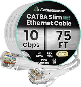 CableGeeker Cat6a Ethernet Cable Slim 75ft - 28AWG UTP Pure Copper Patch Cable, 10Gbps High-Speed Cat6 Ethernet Cable, Flexible Ethernet Cord & Internet Cable for Patch Panel, White