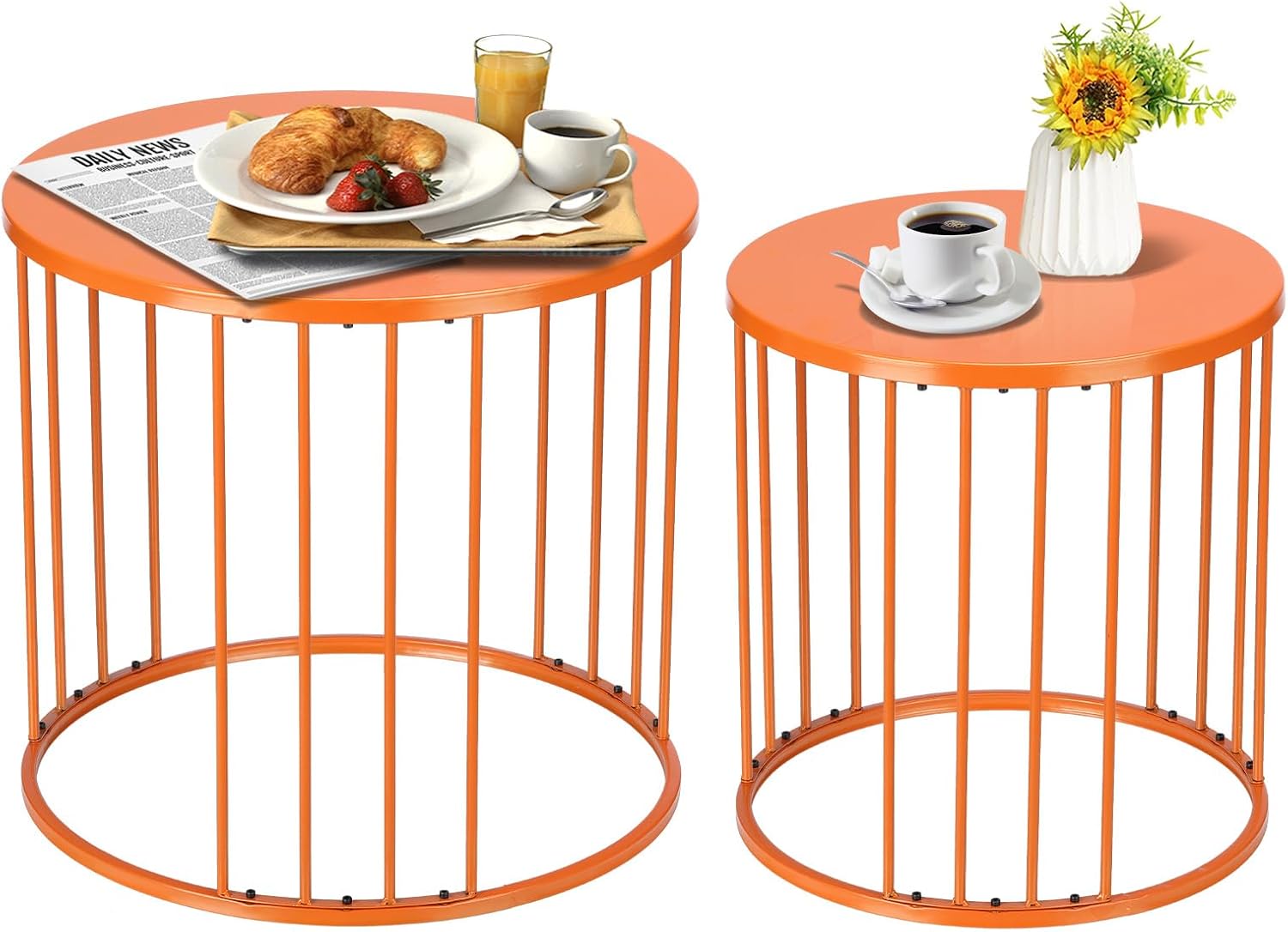 SUNNYPARK Outdoor Side Table Set of 2, Metal Circle Accent End Tables for Balcony Backyard Garden Indoor Living Room, Durable Black Nesting Coffee Tables, 20”+16” Dia Orange