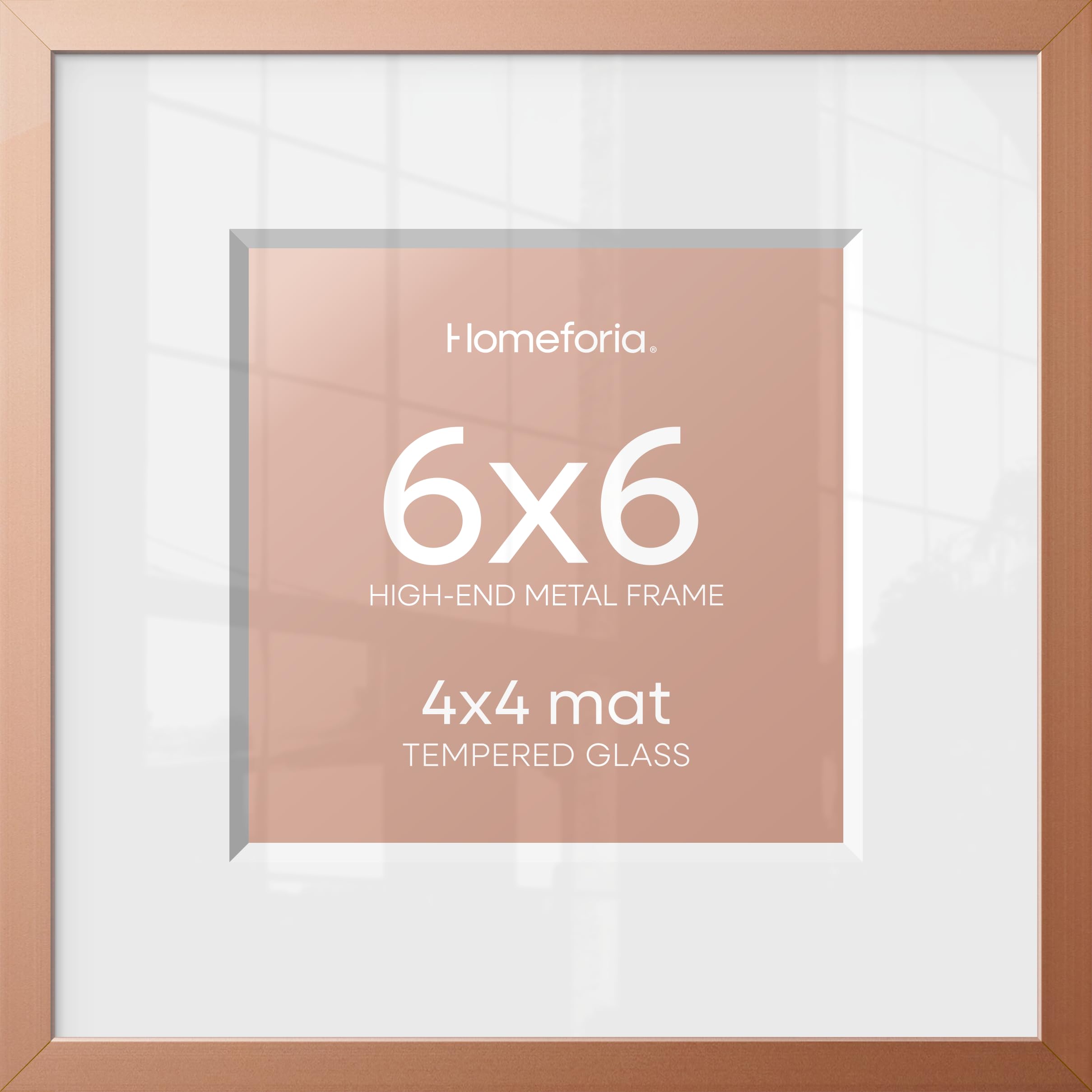 Homeforia 6x6 Rose Picture Frame, High-End Metal, 4x4 Mat, Glass | High End Aluminum, Tempered Glass, Acid-Free 4x4 Removable Mat, 6x6 in Edge-to-Edge Display 6x6, Wall Kit, Set Of 1