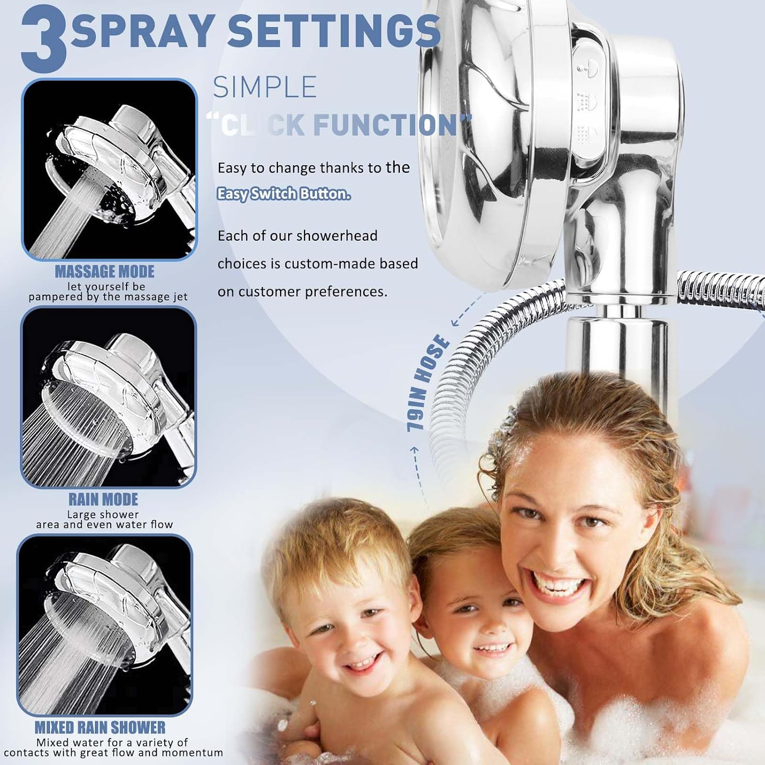 Shower Head, High Pressure Shower Head and Hose 2m Set, Portable Adjustable Water Saving Shower Heads Universal Replacements to Increase Pressure with 3 Mode Function, for Adult/Children/Pets/Bathroom