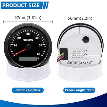 MH Tachometer Boat RPM Gauge 6000RPM Tachometer 3-3/8 85mm 7 Color Waterproof Tach for AUTO Car Truck Marine(Black)
