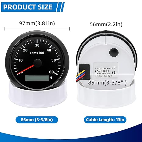 MH Tachometer Boat RPM Gauge 6000RPM Tachometer 3-3/8 85mm 7 Color Waterproof Tach for AUTO Car Truck Marine(Black)