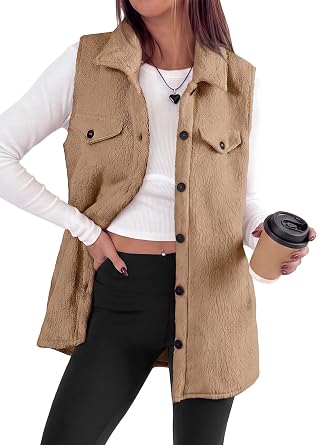 EVALESS Womens Sherpa Fleece Sleeveless Button Down Long Vest Jackets