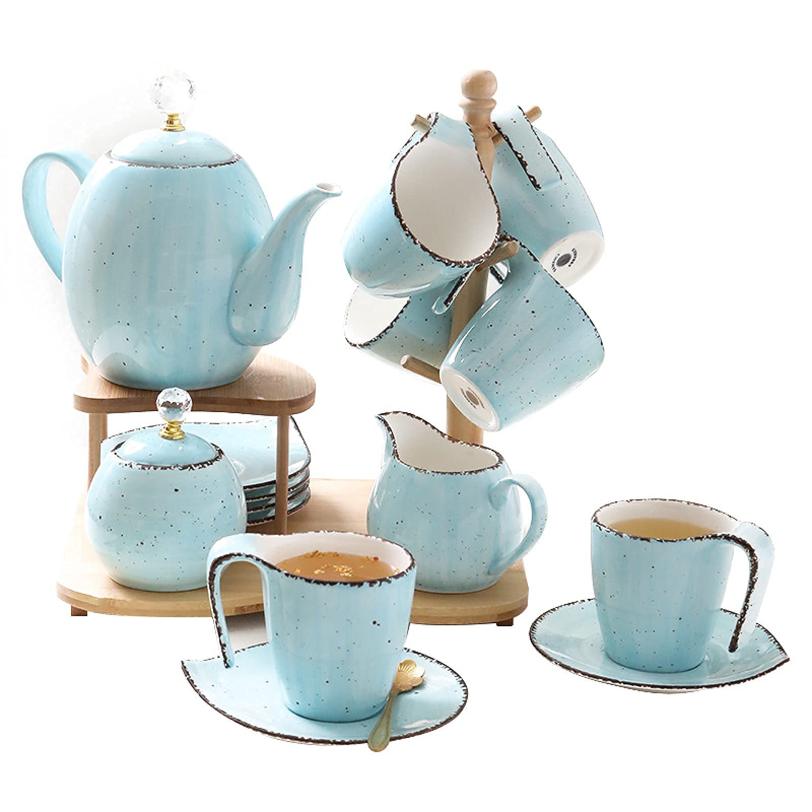 Styl Dworski 16-Częściowa Porcelana Ceramiczna Kawa I Herbata Zestawy Upominkowe Filiżanki I Spodki Serwis 6 Czajniczek Cukiernica Dzbanek Do Mlecznika I Drewniany Stojak Szary